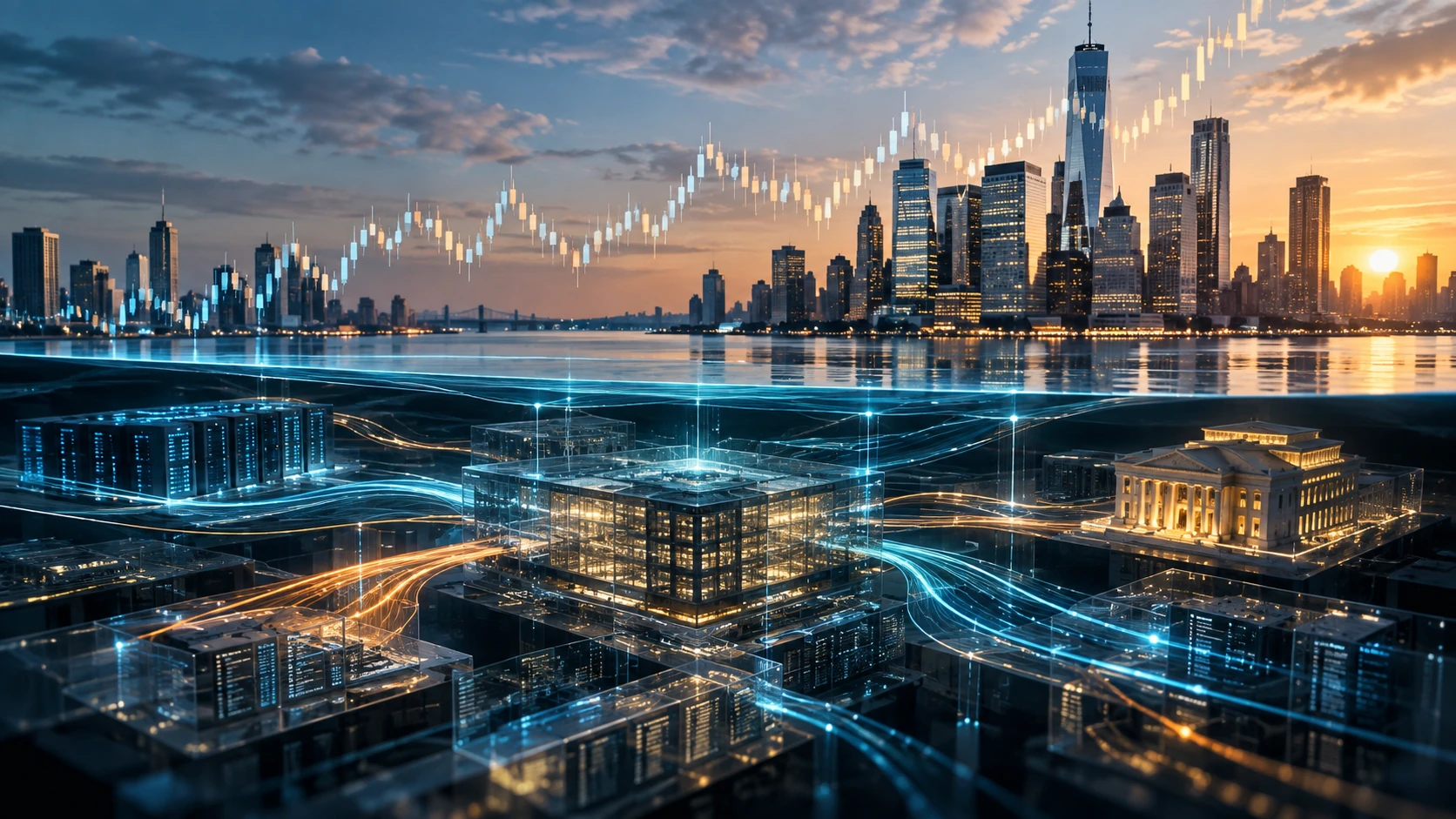 Illustration of a city skyline and market candlesticks above interconnected financial buildings, servers, and data pathways.