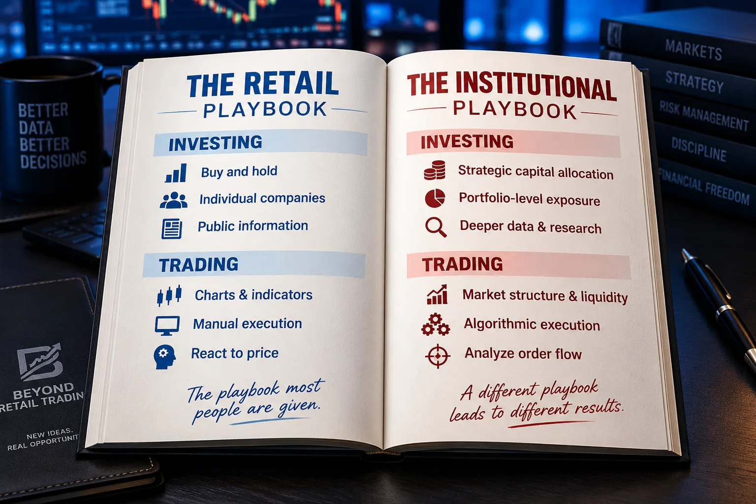 Open playbook comparing retail investing and trading methods with institutional investing and trading methods